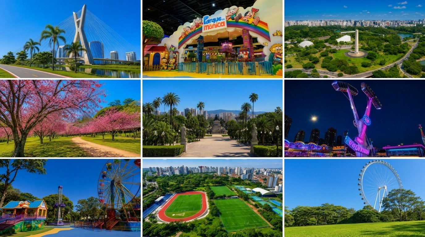 Montagem de banner horizontal sem moldura contendo nove fotos de parques e atrações de lazer de São Paulo, separadas por linhas brancas finas. Exibe a Ponte Estaiada com ciclovia, a fachada colorida do Parque da Mônica, vista aérea do Parque Ibirapuera com o Obelisco, o bosque de cerejeiras rosas do Parque do Carmo, os jardins do Parque da Independência, o brinquedo Evolution iluminado à noite, os cenários lúdicos da Cidade da Criança, a pista de atletismo e campos do CERET, e a Roda Rico no Parque Cândido Portinari sob céu azul.