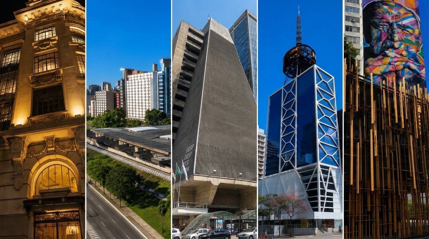 Montagem de banner horizontal mostrando cinco centros culturais de São Paulo separados por linhas brancas finas: o prédio iluminado do CCBB à noite, a vista aérea do Centro Cultural São Paulo, a fachada triangular do Edifício da FIESP, a arquitetura moderna do Itaú Cultural e os painéis de madeira da Japan House com o mural de Oscar Niemeyer ao fundo.