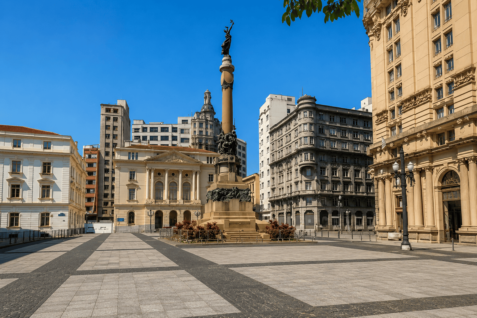 Vista da praça do Pátio do Colégio no Centro Histórico de São Paulo com prédios ao fundo