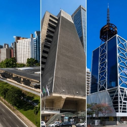 Montagem de banner horizontal mostrando cinco centros culturais de São Paulo separados por linhas brancas finas: o prédio iluminado do CCBB à noite, a vista aérea do Centro Cultural São Paulo, a fachada triangular do Edifício da FIESP, a arquitetura moderna do Itaú Cultural e os painéis de madeira da Japan House com o mural de Oscar Niemeyer ao fundo.