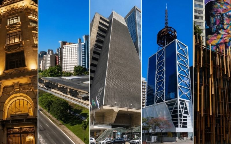 Montagem de banner horizontal mostrando cinco centros culturais de São Paulo separados por linhas brancas finas: o prédio iluminado do CCBB à noite, a vista aérea do Centro Cultural São Paulo, a fachada triangular do Edifício da FIESP, a arquitetura moderna do Itaú Cultural e os painéis de madeira da Japan House com o mural de Oscar Niemeyer ao fundo.