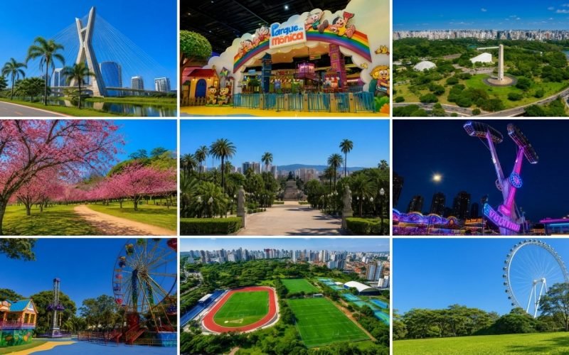Montagem de banner horizontal sem moldura contendo nove fotos de parques e atrações de lazer de São Paulo, separadas por linhas brancas finas. Exibe a Ponte Estaiada com ciclovia, a fachada colorida do Parque da Mônica, vista aérea do Parque Ibirapuera com o Obelisco, o bosque de cerejeiras rosas do Parque do Carmo, os jardins do Parque da Independência, o brinquedo Evolution iluminado à noite, os cenários lúdicos da Cidade da Criança, a pista de atletismo e campos do CERET, e a Roda Rico no Parque Cândido Portinari sob céu azul.