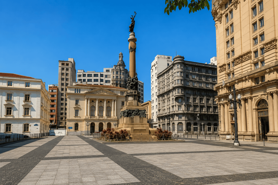 Vista da praça do Pátio do Colégio no Centro Histórico de São Paulo com prédios ao fundo
